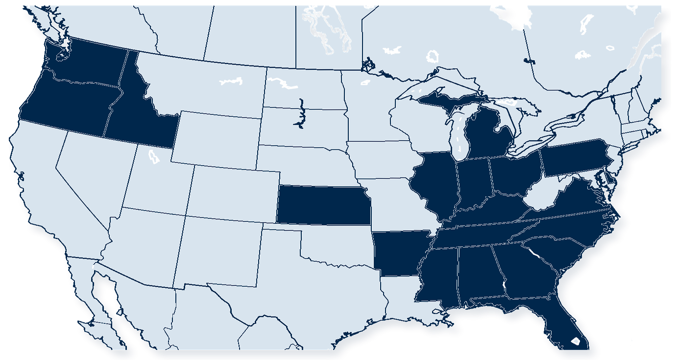 Map of the United States highlighting YJ Consulting's current team licensure footprint